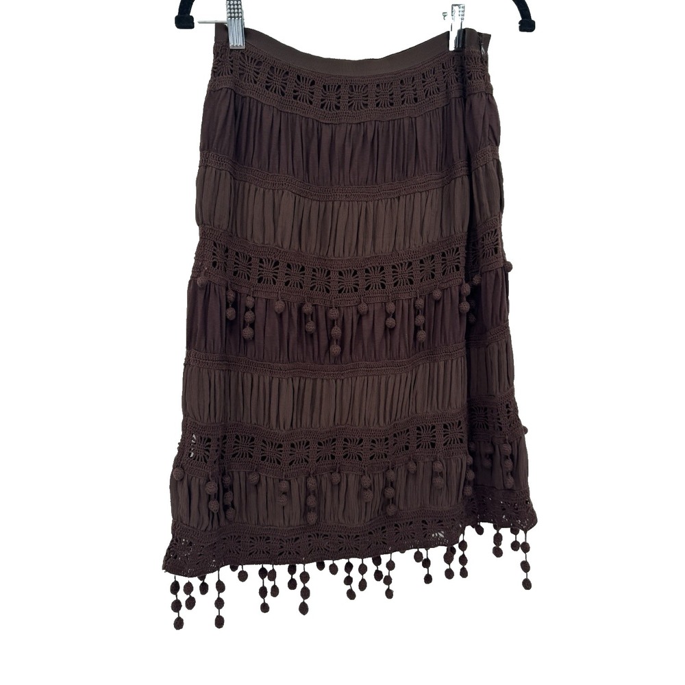 Trina Turk Los Angeles Brown Y2K silk‎ Skirt Pom Pom trim festival artsy boho